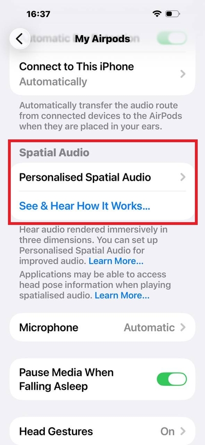 Spatial Audio Einstellung auf dem iPhone