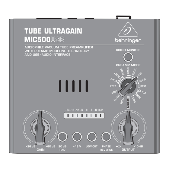 Behringer TUBE ULTRAGAIN MIC500USB Kurzanleitung
